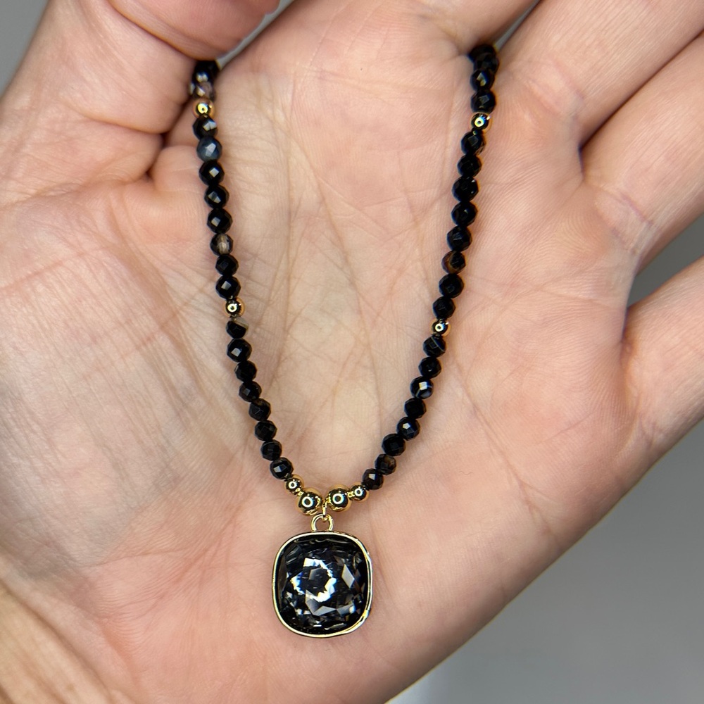 🖤New Black Agate and Austrian Crystal Pendant Necklace